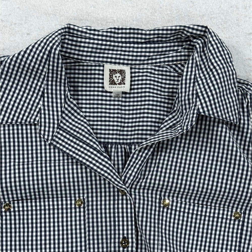 Anne Klein Womens‎ Navy Blue Gingham Tie Front Sleeveless Button Down Shirt M